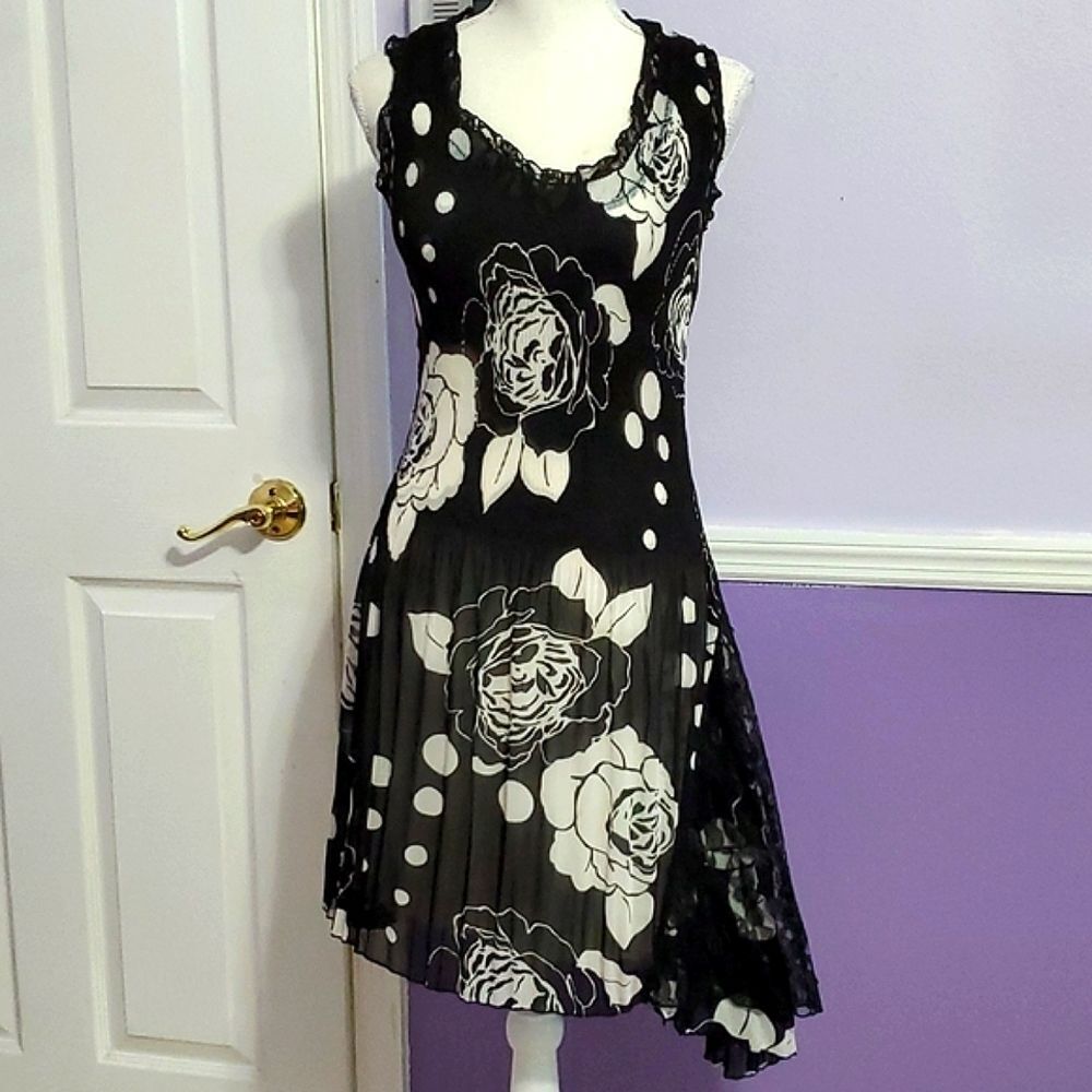 Black White Roses Pleated Asymmetrical Fairy Retro Event Sleeveless Dress S